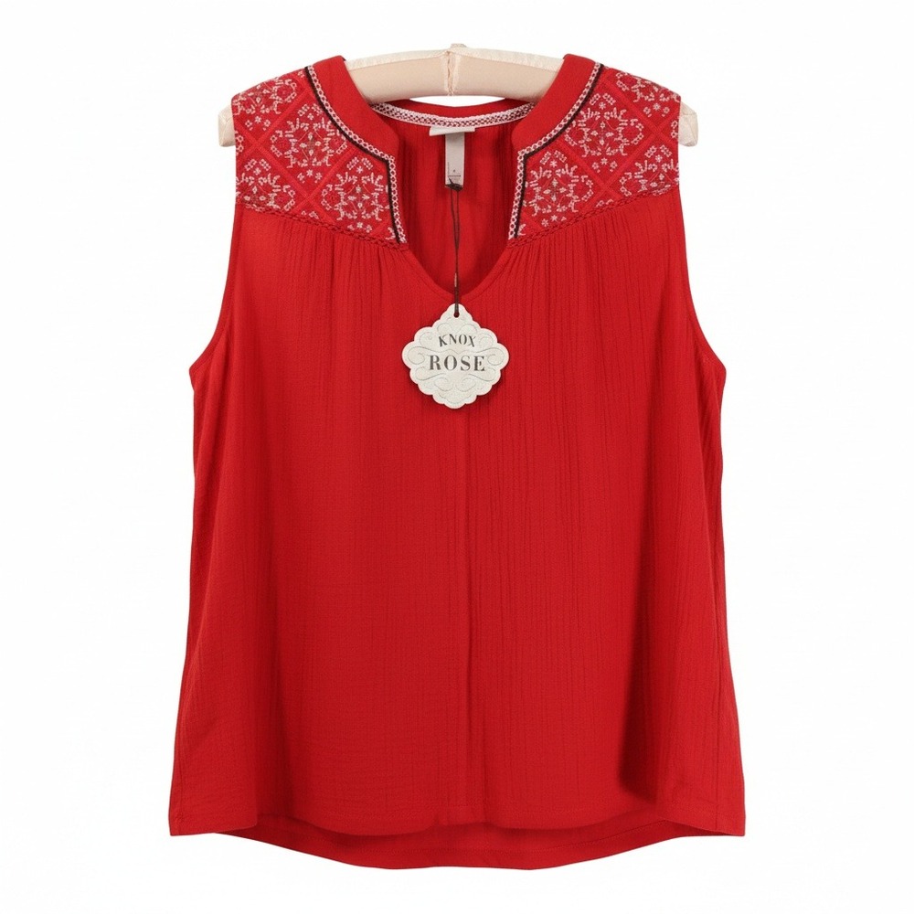 NWT Knox Rose Red Embroidered Gauze Boho Peasant Tank Top Women's Large L Cotton